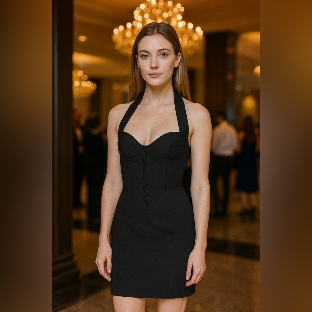 AEFFE Spa Black Bodycon Lace Up Bustier Halter Dress Size 10